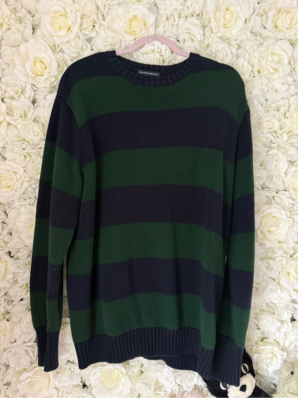 Brandy Melville Green & Navy Striped Crewneck Sweater